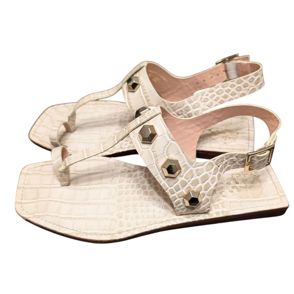Vince Camuto Shoes - Vince Camuto Dailette Leather Cream Croc Embossed Studded Square Toe Sandals 8M